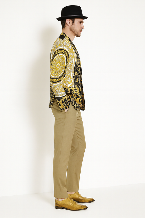 Men's baroque blazer: Black with gold patterns, paired with light beige pants, a black hat, and glossy yellow-gold shoes. A stylish, patterned ensemble.