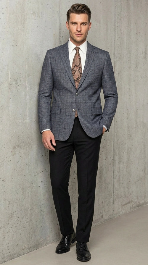 Men’s Charcoal Gray Windowpane Check Blazer – Classic Two Button Formal Sport Coat Jacket