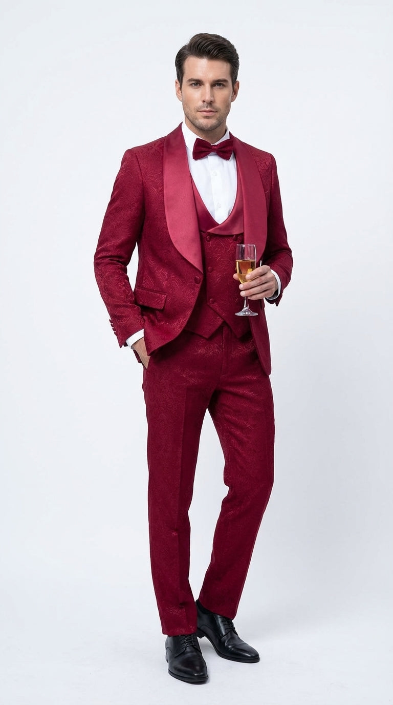 Mens Burgundy Wedding Tuxedo Suit – Paisley Three Piece Formal Suit Set with Shawl Lapel for Groom, Prom