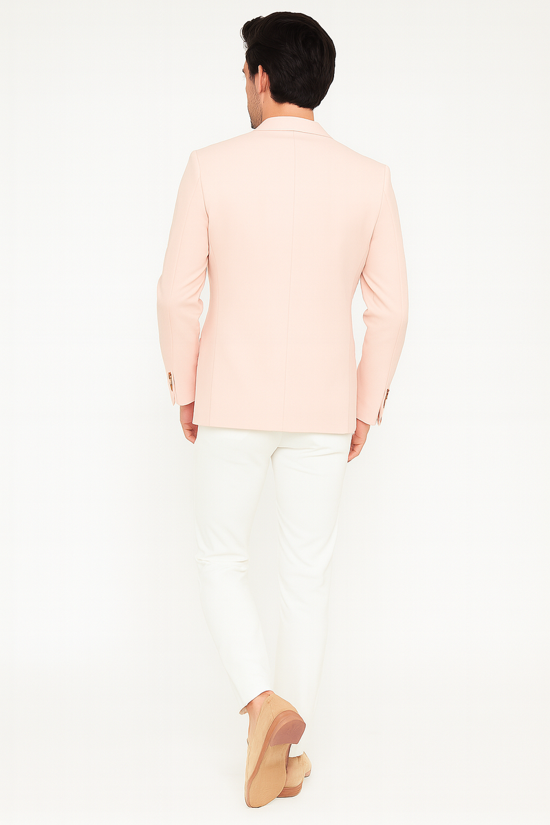 Men's blush pink slim fit blazer. Tailored silhouette, two-button closure, notch lapels. Smooth, solid fabric. Clean back, no vents, streamlined shape.