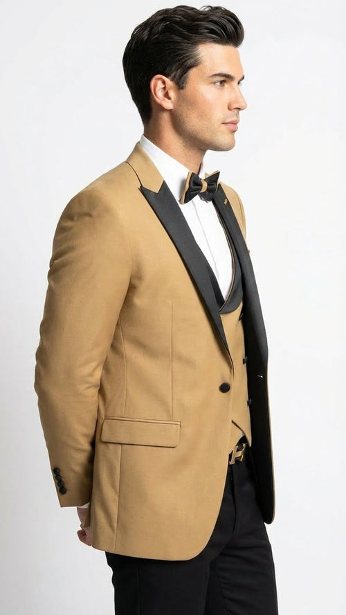 Men's Dark Camel Tan Khaki and Black Great Gatsby Tuxedo Suit – Vintage 1920s Formal Wedding, Party and Event Wear