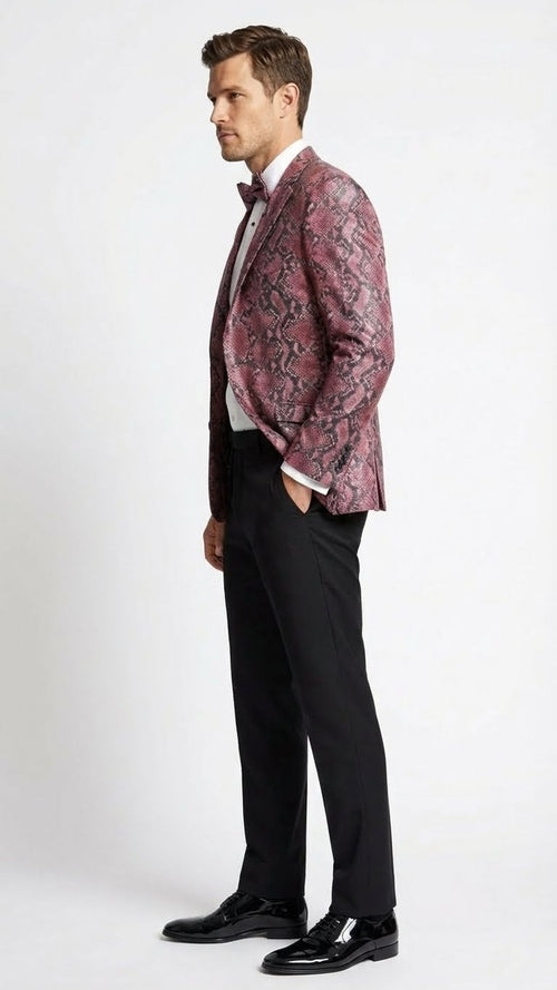 Men's burgundy & black snakeskin blazer: fitted, single-breasted, peak lapels, 2 pockets. Textured snakeskin print. Straight sleeves, paired with tailored black trousers.