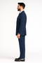 Royal blue double-breasted men's suit. Fitted jacket, structured silhouette, notch lapels, white pinstripes. Matching straight-leg trousers. Tailored details. Bold, classic style.