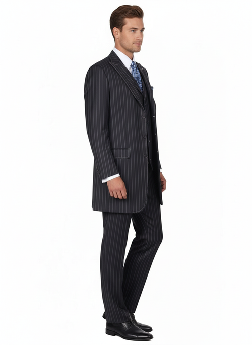 Men's navy pinstripe three-piece suit: tailored fit, long jacket, vest, and trousers. A classic, sophisticated ensemble.