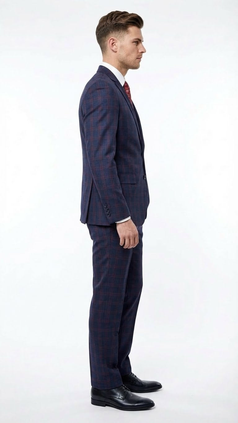 Navy & burgundy checkered men's two-piece suit. Features a windowpane plaid pattern. Includes a fitted jacket with notched lapels and matching trousers.