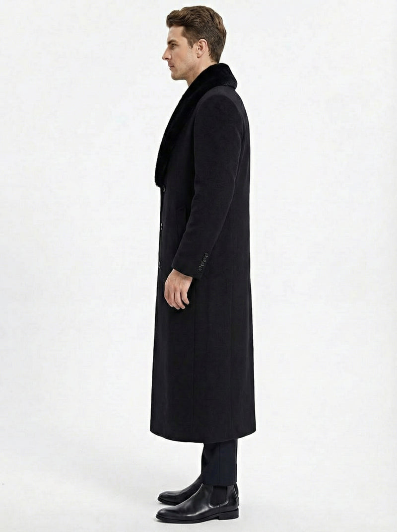 Mens Black Long Overcoat with Faux Fur Collar, Full Length Winter Topcoat for Formal and Business Wear