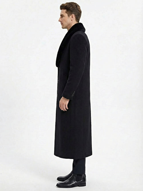 Men’s Black Long Overcoat with Faux Fur Collar, Full Length Winter Topcoat for Formal and Business Wear
