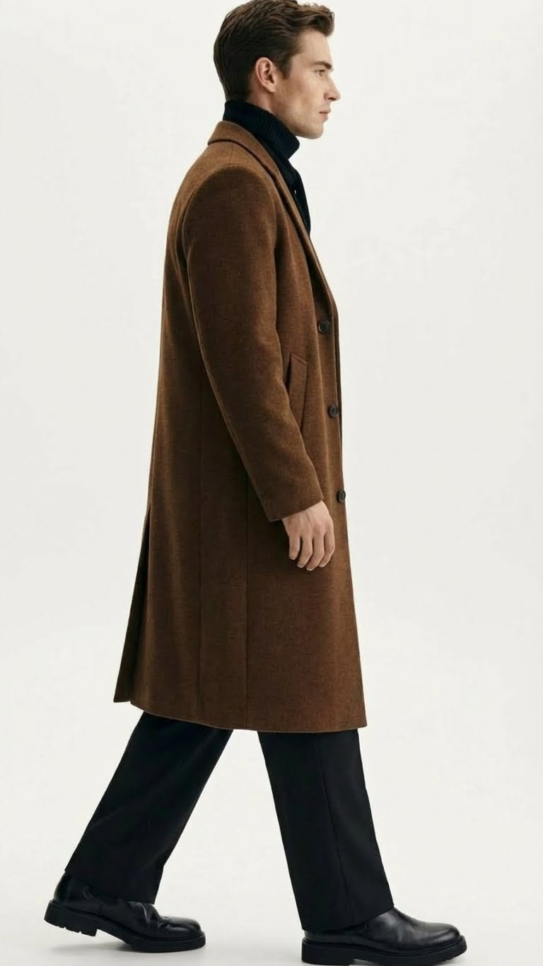 Alberto Nardoni men's brown wool overcoat. Straight silhouette, single-breasted, high collar, knee-length, with back vent. Textured wool, five buttons, two pockets.