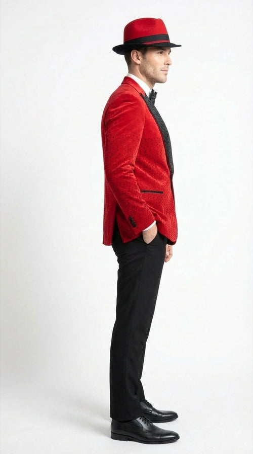Men’s Red Velvet Fabric Rhinestone Blazer with Matching Red and Black Hat – Christmas New Year Holiday Party Jacket Set