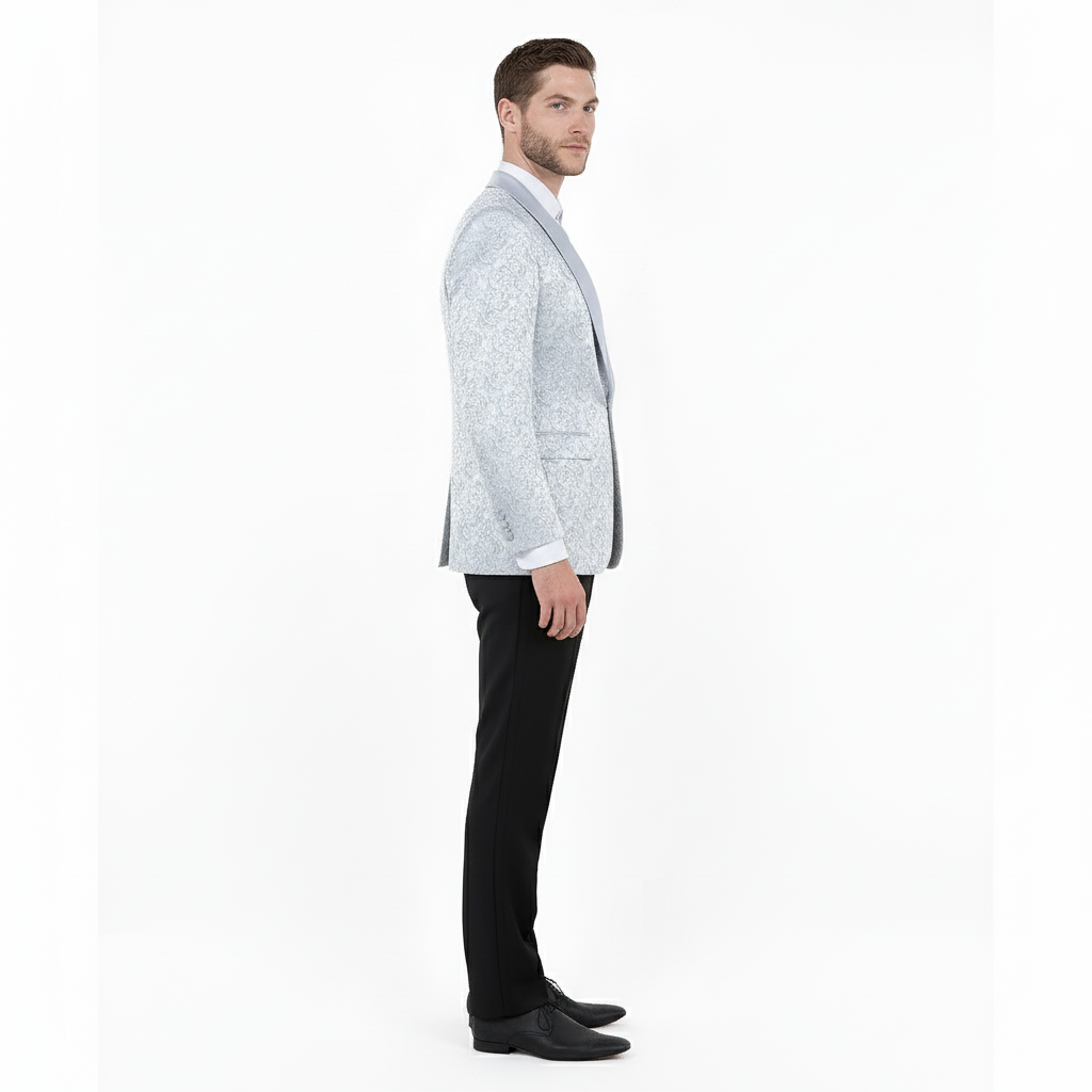 Big and Tall Men’s Silver Gray Paisley Tuxedo Jacket – Satin Shawl Lapel Blazer for Weddings, Proms, and Formal Events