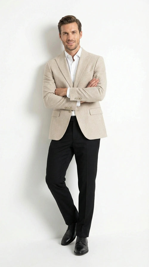 Zacchi Men’s Beige Hopsack Blazer – Classic Two Button Sport Coat with Peak Lapel Formal Jacket