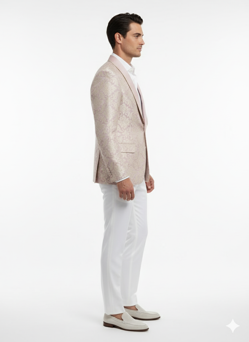 Lavender & gold men's tuxedo with lilac mauve floral embroidery. Fitted blazer, satin peak lapel, and two front pockets. A stylish and elegant choice.