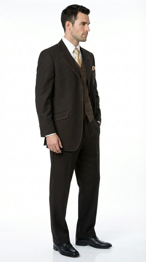 Men’s Dark choclate Brown Three Buttons 3 Piece Suit – Classic Brown 3PC Wedding, Church and Business Formal Suit for Men