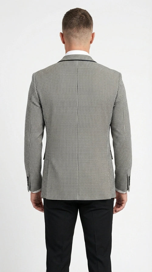 Men’s Black and White Houndstooth Gatsby Inspired Suit – Vintage Style Formal Suit for Wedding, Prom and Classic Events Blazer + Black vest + Black Pants