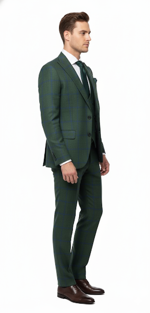 Men's green plaid 3-piece suit. Classic slim fit with notch lapel jacket, matching vest & slim trousers. Rich green with dark/light blue grid pattern. Smooth material. Formal, tailored design.