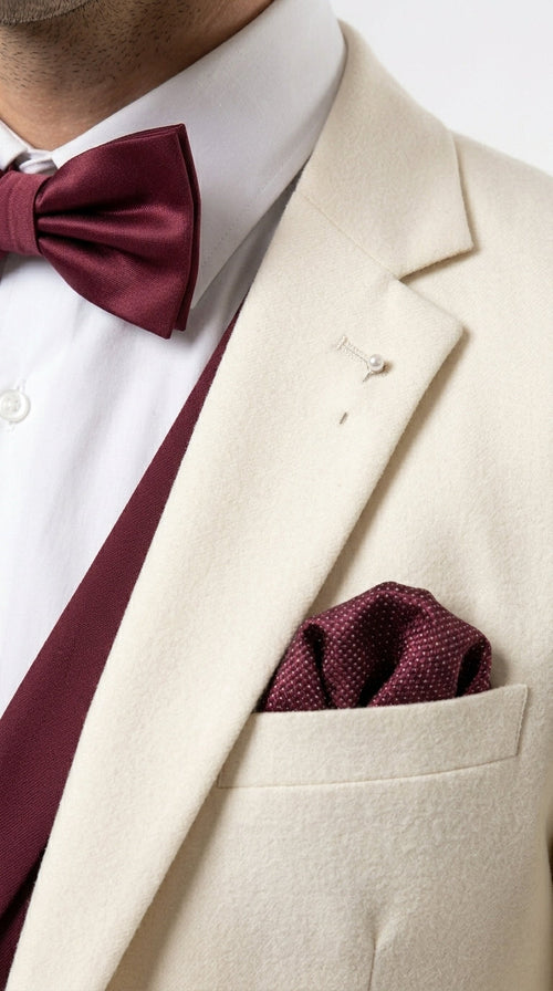 Menās Cream Ivory and Burgundy 3 Piece Tuxedo Suit, Vested Formal Wedding Prom Dinner Suit in Cream Off White Color