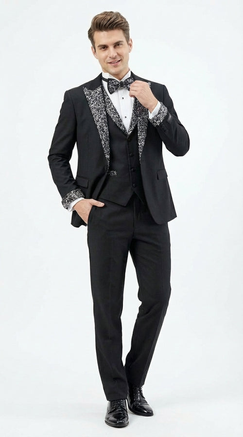 Mens Black and White Lapel Tuxedo Suit – Black Formal Tuxedo with White Pattern Lapel for Wedding, Prom and Evening Events