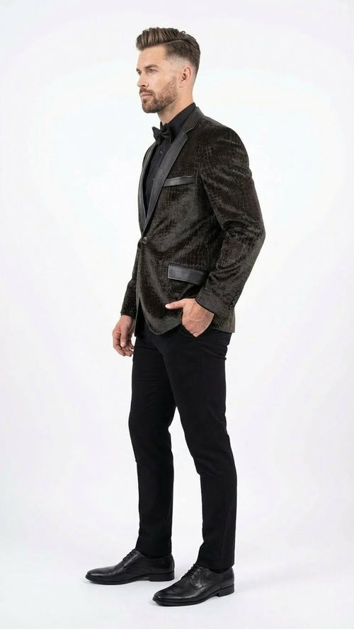 Alberto Nardoni men's blazer. Exotic crocodile/alligator skin texture in black with a slight sheen. Single-breasted, notched lapels, two pockets. Black satin lapel/pocket details enhance the structured silhouette.
