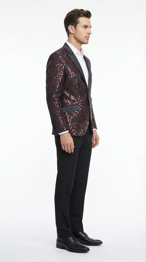 Men’s Black and Burgundy Sequin Blazer – Black Sparkle Sequin Party Blazer with Burgundy Pattern for Prom, Wedding Slim Fitted