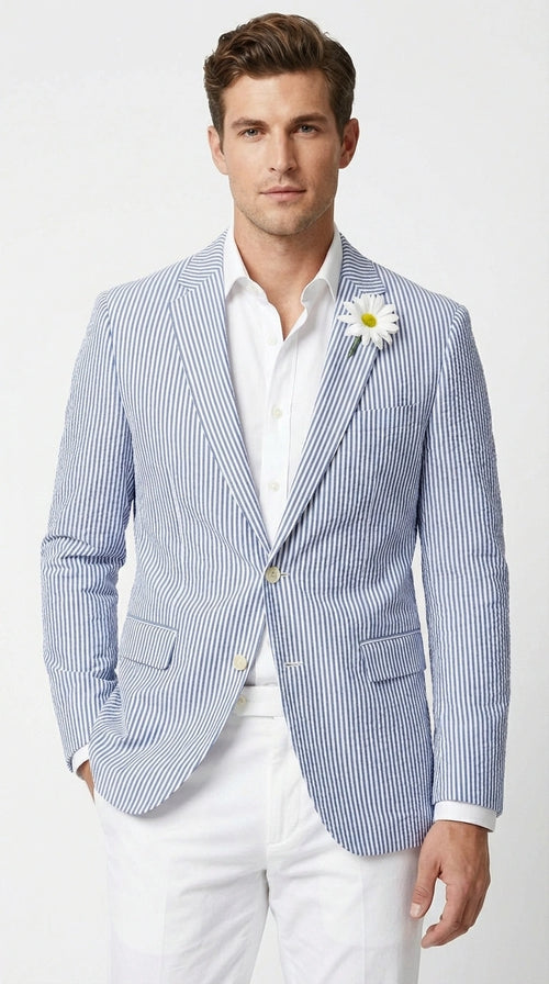 Mens Blue Seersucker Blazer – Lightweight Striped Summer Sport Coat Casual Smart Formal Jacket