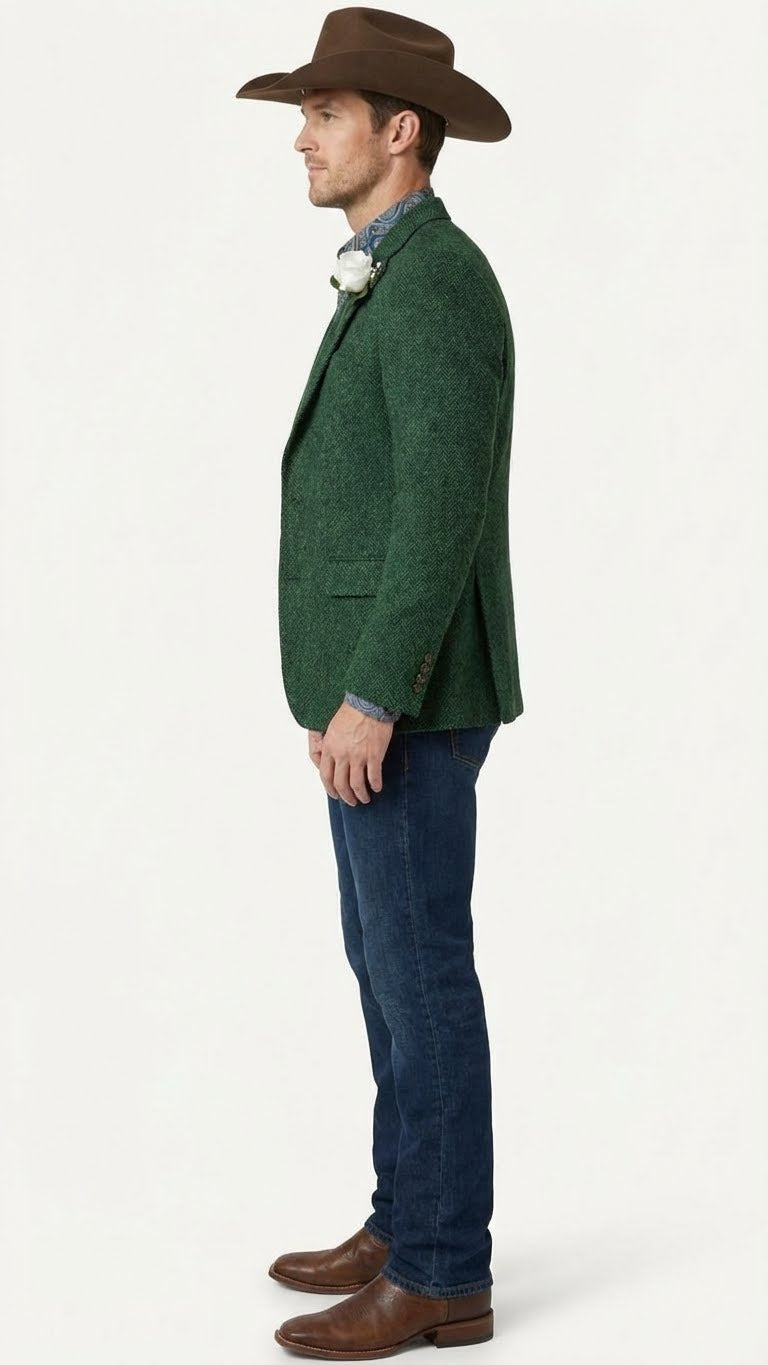 Mens Green Western Blazer Jacket – Classic Cowboy Style Sport Coat for Tweed Herringbone Country Look