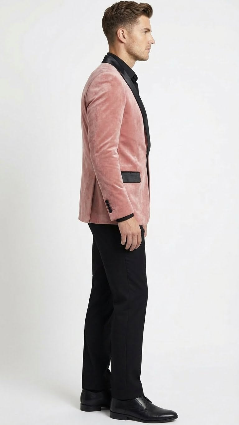 Men's dusty rose velvet blazer with black satin lapel, tailored fit, and single-button closure. Features side pockets and a smooth texture.
