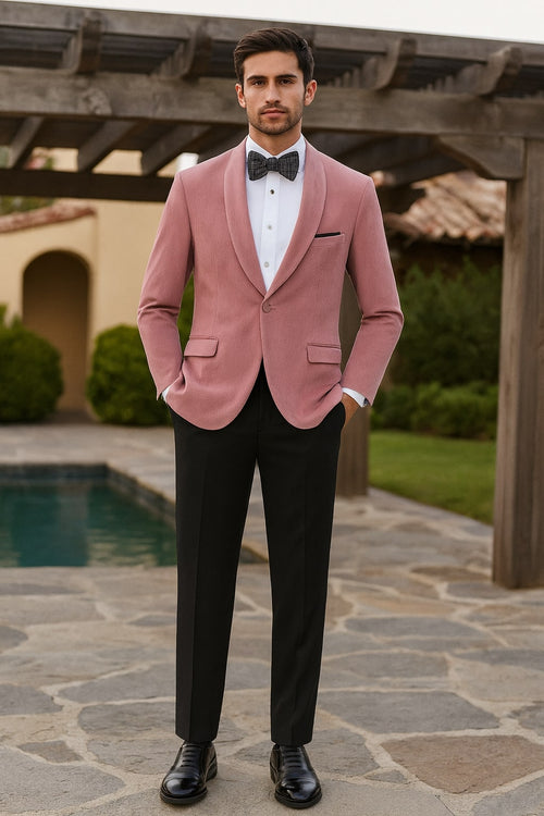 Pink velvet tuxedo jacket with shawl lapel. Slim fit, soft velvet texture. Includes black pocket square. Elegant and stylish formal wear.
