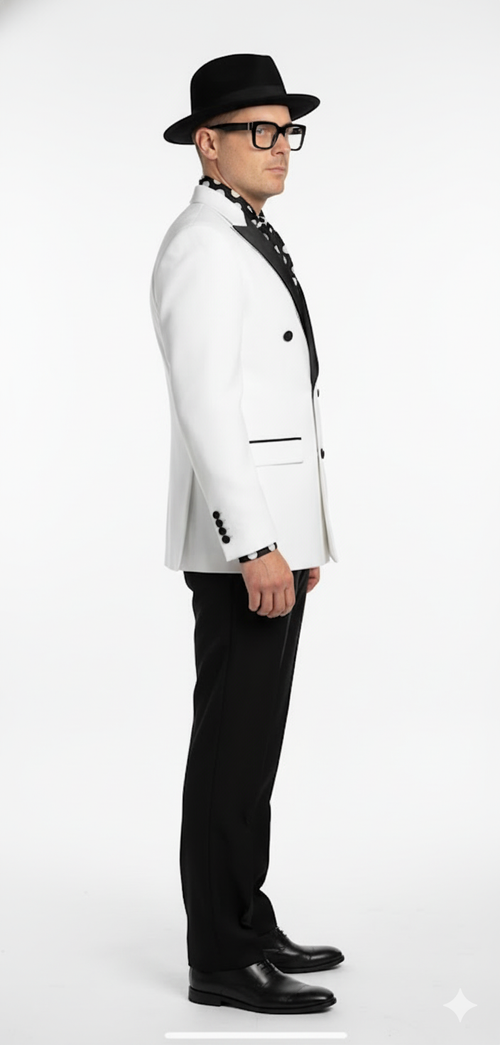 Men's slim-fit double-breasted tuxedo. White jacket with black lapels, buttons, and pockets. Black trousers complete the formal look.