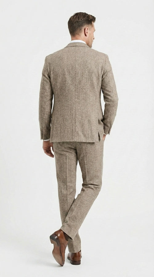 Men’s Light Beige Herringbone Tweed Suit with Vest – Classic Three Piece Formal Suit, Vintage Business Wedding Outfit, Elegant Smart Casual Attire