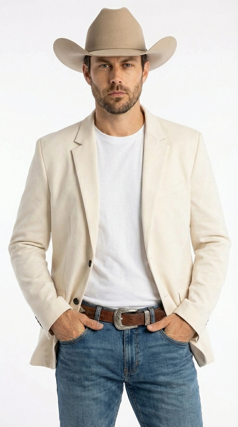 Men’s Off White Casual Blazer – Classic Western Style Lightweight Summer Cowboy Jacket Casual Ivory Cream Color