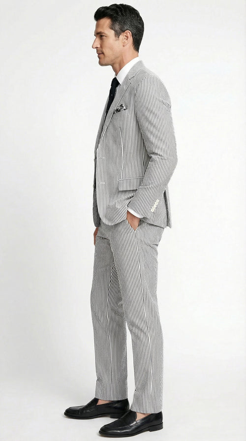 Men’s White and Black Seersucker Suit – Classic Lightweight Striped Summer Suit for Weddings and Formal Events