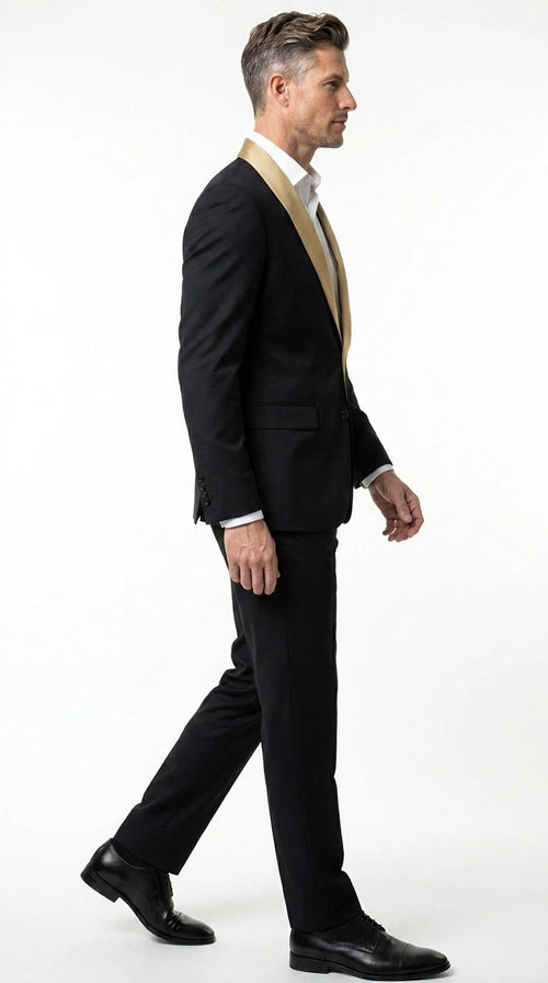 Men’s Black Suit with Gold Lapel – Luxury Formal Tuxedo Style Suit for Wedding, Prom, Party and Evening Wear