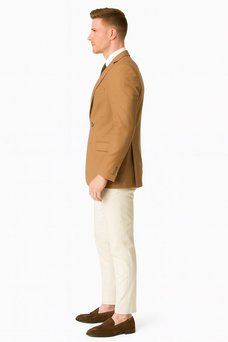 Men's camel brown sport coat. Classic two-button design with modern fit. Smooth fabric, structured lapels, and side pockets. Stylish and versatile.