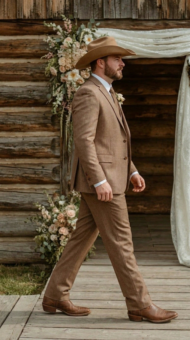 Men’s Light Brown Western 3 Piece Suit – Classic Country Style Blazer Vest Pants Set, Formal Cowboy Suit Toast