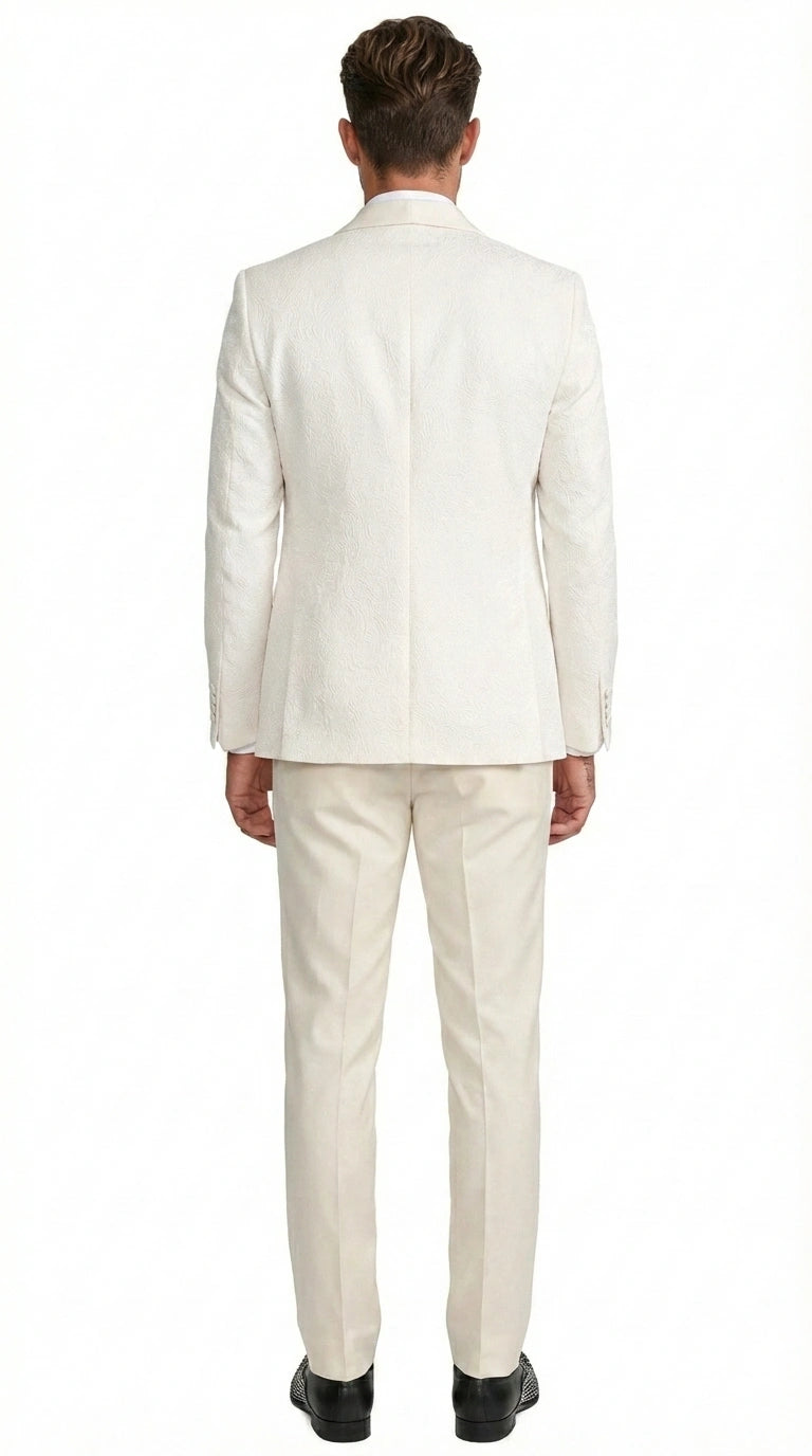 Men’s Ivory Paisley Tuxedo Suit 3 Piece – One Button Vested Satin Formal Suit for Wedding in Off white Cream Color