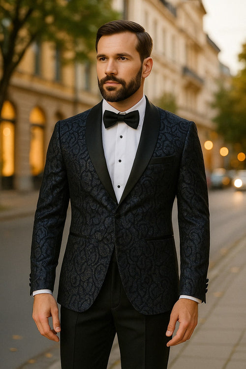 Men's navy black tuxedo jacket with glitter floral sequin pattern and satin lapel. Textured, shimmery fabric for a sophisticated look.
