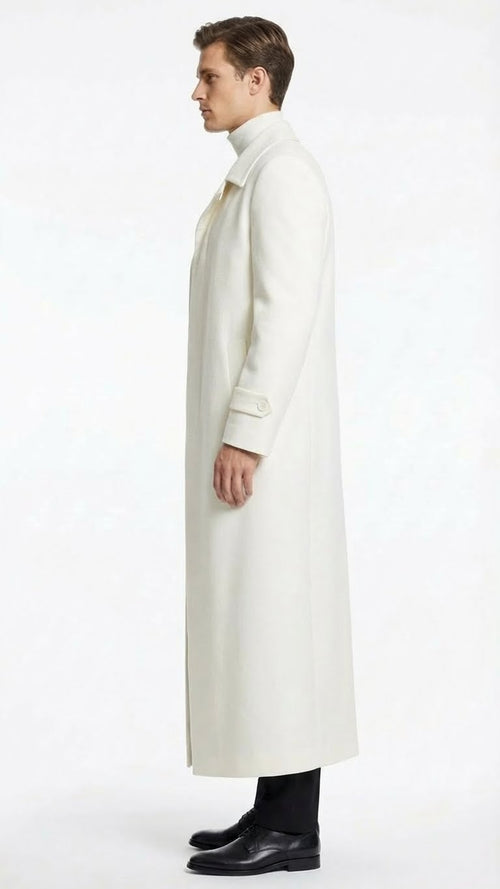 Mens Off-White Long Trench Coat – Overcoat with Classic Clean Design Duster Maxi Coat in Ivory Color