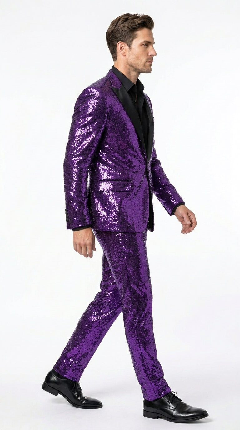 Men’s Purple Glitter Tuxedo Suit with Black Lapel, Party Stage Performance Formal Suit