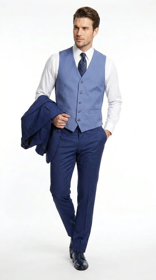 Vitalli Men’s Navy Blue 3 Piece Suit with Light Blue Vest, Textured Formal Dress Suit for Weddings, Prom, Business Events, and Parties