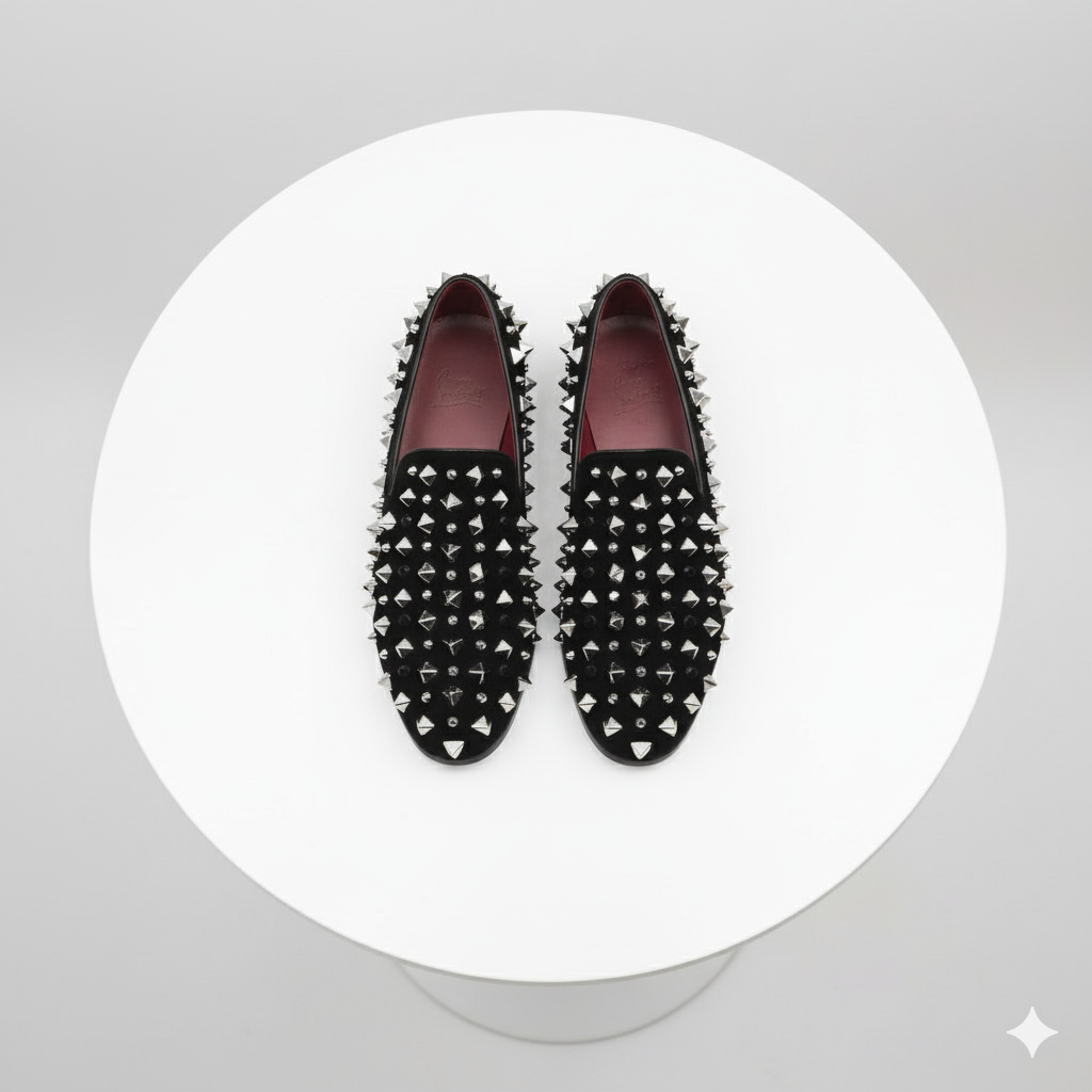 Men’s Black Studded Loafers with Silver Spikes – Luxury Slip-On Dress Shoes for Parties and Formal Events