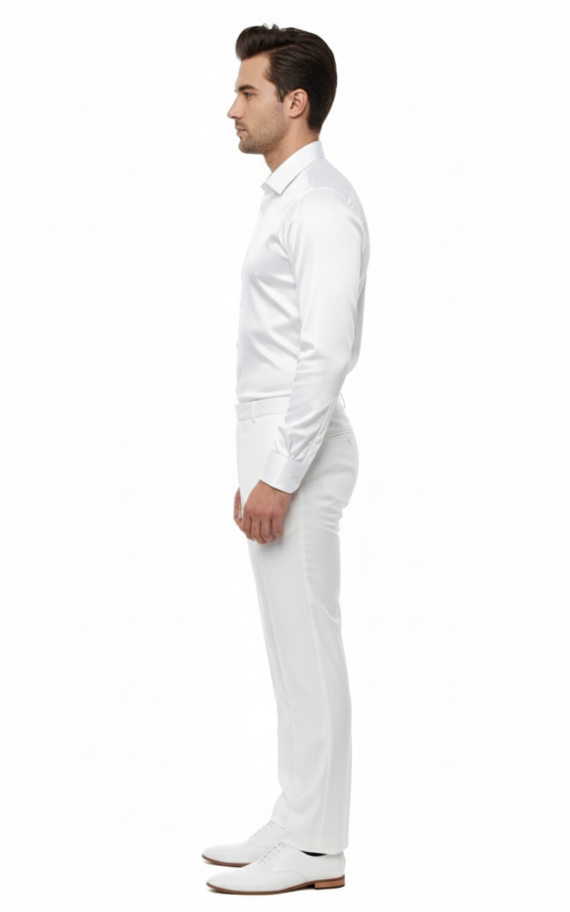 Men's white satin dress shirt. Classic long sleeves, structured collar, and fitted silhouette. Smooth, lustrous material. Buttoned cuffs, streamlined design, perfect for tailored trousers. Formal wear.
