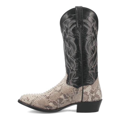 Dan Post Manning Python boots: Black leather shaft with detailed stitching. Snakeskin foot in natural tones. Round toe, low rectangular heel. Seamless design for a structured look.