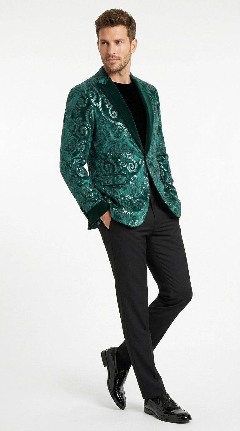Men’s Emerald Green Paisley Tuxedo Dinner Jacket with Black Lapel, Formal Prom Wedding Party Blazer
