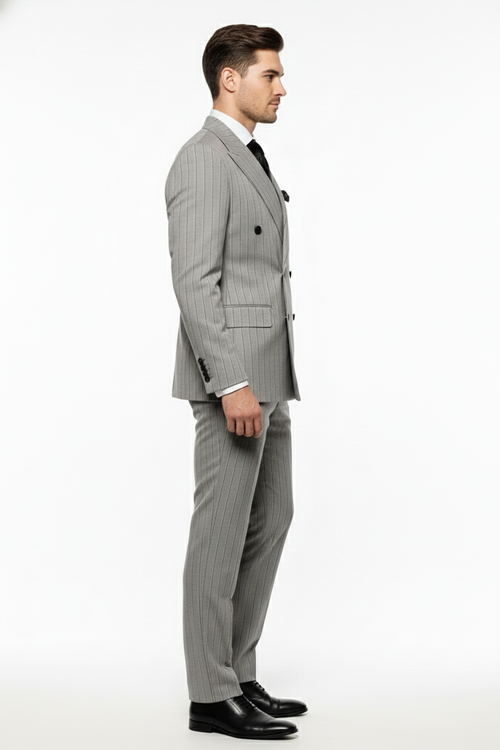 Alberto Nardoni men's double-breasted suit. Grey and black pinstripe, tailored silhouette. Features structured shoulders, two rows of buttons, and slim-fit trousers. Lightweight fabric, smooth finish.