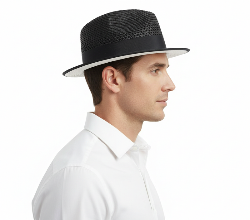 Menâs Two-Tone Black and White Fedora Hat with Feather Accent â Stylish Summer Dress Hat