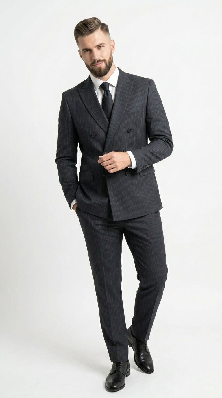 Men’s Black Pinstripe Double Breasted Suit – Classic Formal Business Suit Office and Evening Wear Modern Fit Conservative pattern