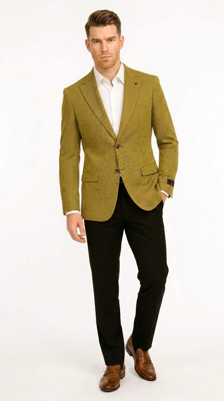 Men’s Mustard Gold Yellow Houndstooth Blazer Jacket, Check Pattern Formal Sport Coat for Weddings, Prom, Business 2 Buttons Modern Fit