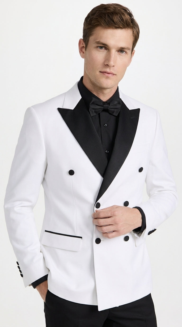 Men's White Double Breasted Tuxedo Dinner Jacket with Black Satin Peak Lapel – Formal Wedding Prom Blazer