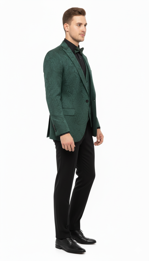 Men's emerald green paisley tuxedo suit: slim fit blazer (notched lapel, single button), matching vest, and black formal pants. A stylish 3-piece ensemble.