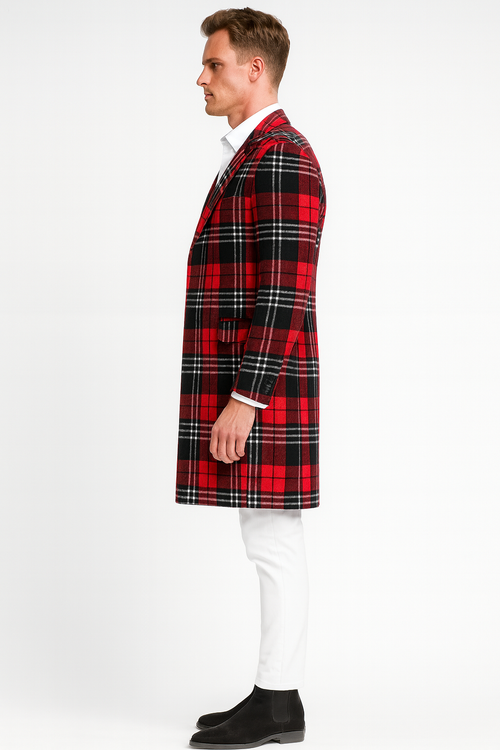 Men's red plaid wool overcoat. Classic tartan check in red, black, and white. Long, tailored single-breasted silhouette for a refined look.